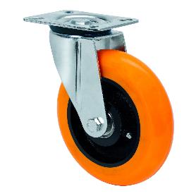 RUEDA GIRATORA PLACA 4MM 10ZVR200-HUAB HIERRO-POLIUR.NARANJA EJE BOLAS BALONA
