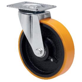 RUEDA GIRATORA PLACA 4MM 10ZVR200-HUB HIERRO-POLIUR.NARANJA EJE BOLAS