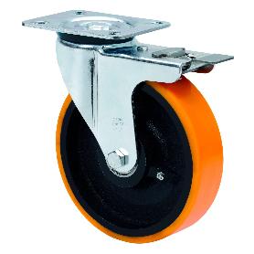 RUEDA GIRATORA PLACA FRENO 4MM 10ZVRFD200-HUB HIERRO-POLIUR.NARANJA EJE BOLAS