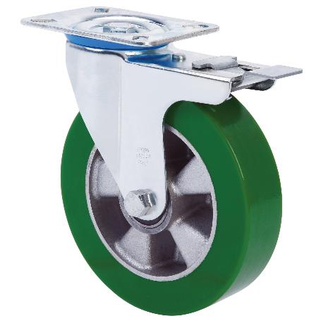 RUEDA GIRATORA PLACA FRENO 10ZVFD160-AUGB ALUMINIO-POLIUR.VERDE EJE BOLAS