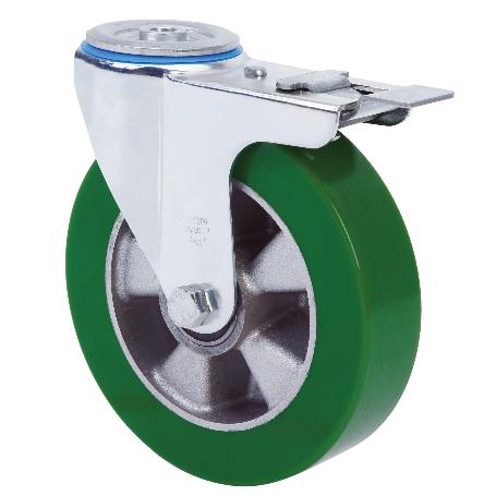 RUEDA GIRATORA AGUJERO M12 FRENO 20ZVFD160-AUGB ALUMINIO-POLIUR.VERDE BOLAS