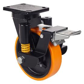 RUEDA GIRATORA PLACA FR.10HLSEFN200-HUB SUSPENSION HIERRO-POLIUR.NARANJ.BOLAS