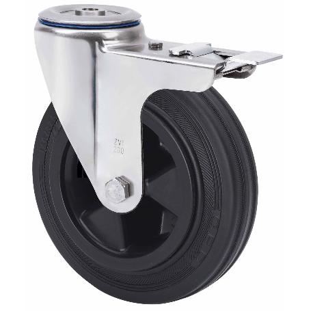RUEDA GIRATORA AGUJERO M12 FRENO INOX.20ZVLIFD80-PSN POLIAMIX-GOMA NEGRA LISO