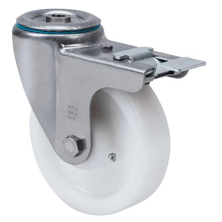 RUEDA GIRATORA AGUJERO M12 FRENO INOX.20ZVLIFD80-FT NYLON BLANCO EXTRAF.LISO
