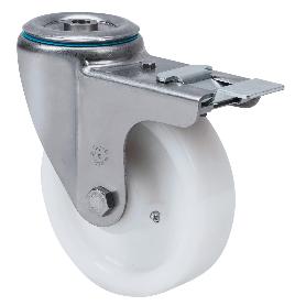 RUEDA GIRATORA AGUJERO M12 FRENO INOX.20ZVLIFD100-FT NYLON BLANCO EXTRAF.LISO