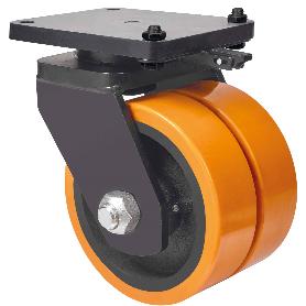 RUEDA GIRATORA PLACA MEC.DIR.10HLRMD250-HUB HIERRO-POLIUR.NARANJA(DOBLE)BOLAS