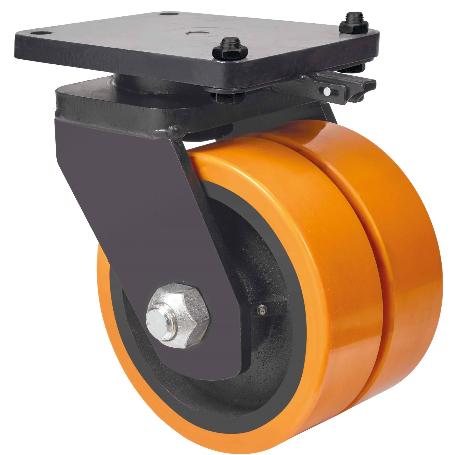 RUEDA GIRATORA PLACA MEC.DIR.10HLRMD250-HUB HIERRO-POLIUR.NARANJA(DOBLE)BOLAS