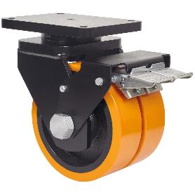 RUEDA GIRATORA PLACA FRENO 10HLRFN300-HUB HIERRO-POLIUR.NARANJA(DOBLE)BOLAS