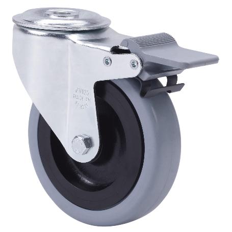 RUEDA GIRATORA AGUJERO M12 FRENO 20ZVLFD150-PGAN POLIAMIX-GOMA GRIS EJE LISO