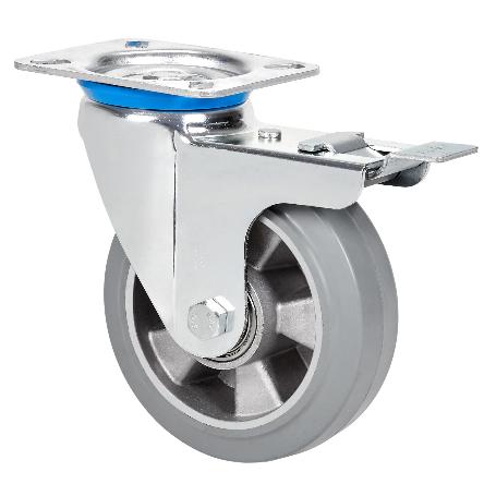 RUEDA GIRATORA PLACA FRENO 10ZVFD200-DEGB ALUMINIO-GOMA GRIS ELASTICA BOLAS