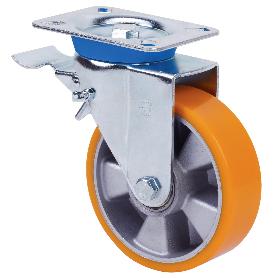 RUEDA GIRATORA PLACA FRENO 10TVFD125-AUB (ANCHA)ALUMINIO-POLIUR.NARANJA BOLAS