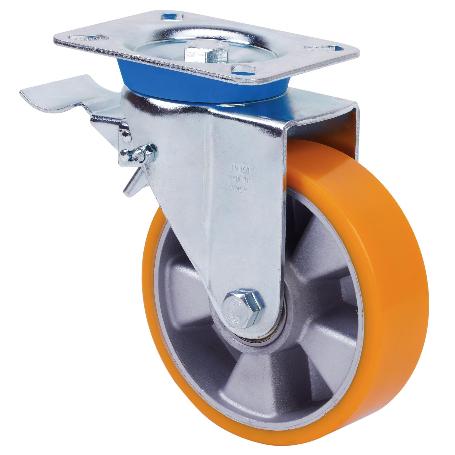 RUEDA GIRATORA PLACA FRENO 10TVFD125-AUB (ANCHA)ALUMINIO-POLIUR.NARANJA BOLAS