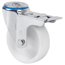 RUEDA GIRATORA AGUJERO M12 FRENO 20ZVLFD150-UTR POLIAMIX BLANCO EJE RODILLOS