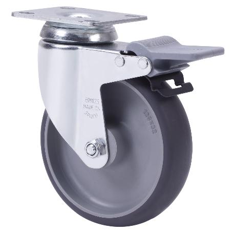 RUEDA GIRATORA PLACA FRENO 10BHFDA100-PGZR POLIAMIX-GOMA GRIS INYECT.RODILLOS