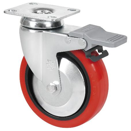 RUEDA GIRATORA PLACA FRENO 10BHAFD100CP-PPIA POLIAMIX-POLIUR.ROJO EJE LISO