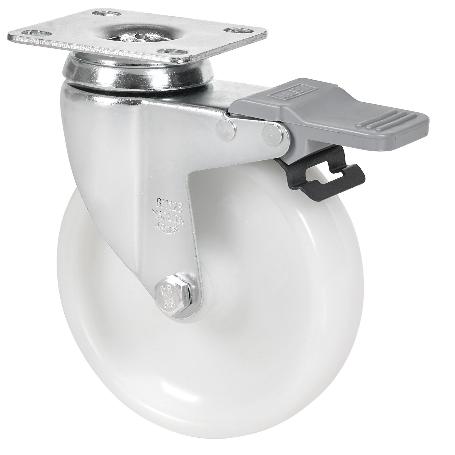 RUEDA GIRATORA PLACA FRENO 10BHAFD125-UTR POLIAMIX BLANCO EJE RODILLOS