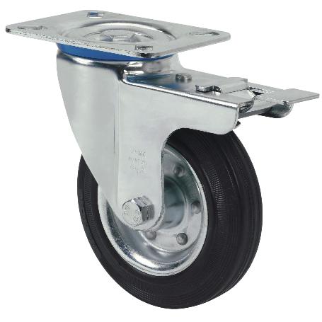 RUEDA GIRATORA PLACA FRENO 10ZVLFD125-BSR METALICO-GOMA NEGRA EJE RODILLOS