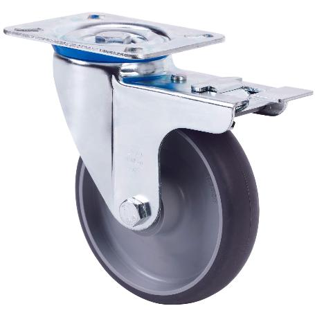 RUEDA GIRATORA PLACA FRENO 10ZVLFD125-PGZN POLIAMIX-GOMA GRIS INYECT.EJE LISO