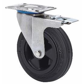 RUEDA GIRATORA PLACA FRENO INOX.10ZVLIFD125-PSN POLIAMIX-GOMA NEGRA EJE LISO