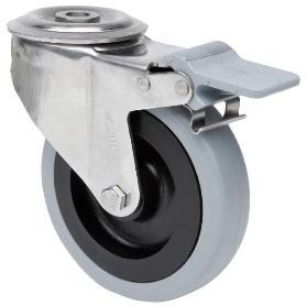 RUEDA GIRATORA AGUJ.M12 FRENO INOX.20ZVLIFD125-PGAN POLIAMIX-GOMA GRIS LISO