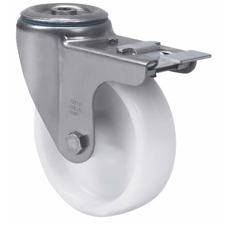 RUEDA GIRATORA AGUJ.M12 FRENO INOX.20ZVLIFD125-UTR POLIAMIX BLANCO RODILLOS