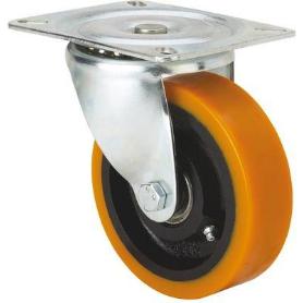 RUEDA GIRATORA PLACA 10-61-100-HUB HIERRO- POLIUR.NARANJA EJE BOLAS