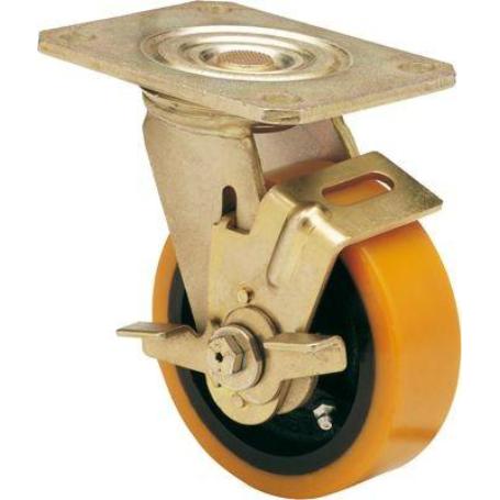 RUEDA GIRATORA PLACA FRENO 10SLFN125-HUB HIERRO-POLIUR.NARANJA EJE BOLAS