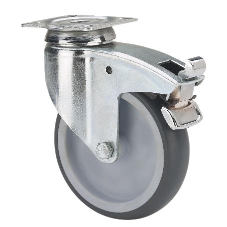 RUEDA GIRATORA PLACA FRENO 301-100-3 POLIAMIX-GOMA GRIS EJE LISO