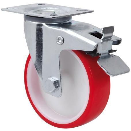 RUEDA GIRATORA PLACA FRENO 140.1-160-3 NYLON BLANCO-POLIUR.ROJO EJE LISO