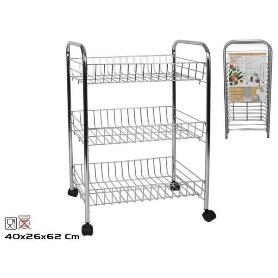 VERDULERO METAL CROMADO CON RUEDAS NEGRAS ELEN 3 PISOS 40X26X62 CMS