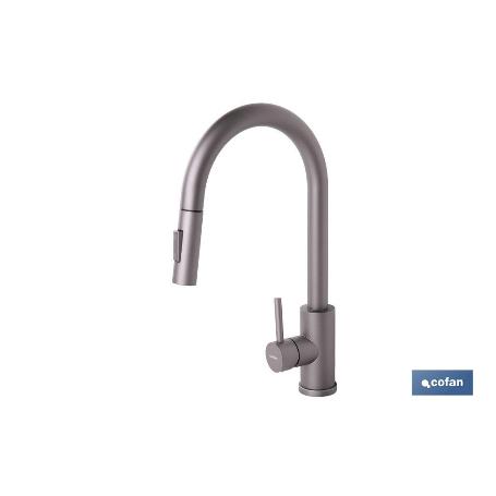 GRIFO DE COCINA ANTRACITA DE ACERO INOX. CON MANGUERA EXTENSIBLE Y 2 FUNCIONES 400 X 220 X 54 MM