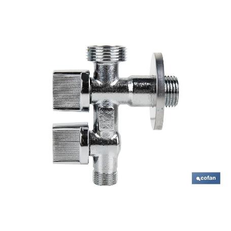 VÁLVULA DE ESCUADRA 1/2 X 3/4 X 3/8 DOBLE SALIDA